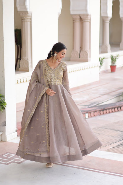 RangBhoomi Premium Ready-Made Gown and Dupatta Set with Elegant Gold Embroidery