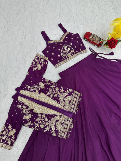 RangBhoomi Festival Special Embroidered Chinon Crop Top Set with Lehenga and Jacket