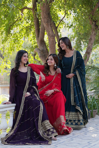 Embroidered Faux Blooming Gown with Dupatta