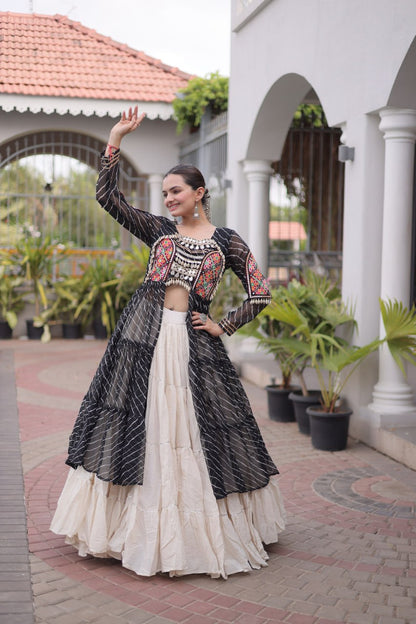 RangBhoomi Kora Cotton Lehenga & Faux Georgette Kurti Set - Full-Stitched, Frilled Lehenga, Laheriya Print Kurti