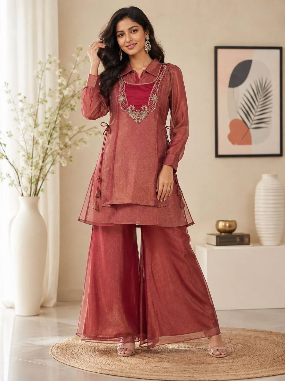 RangBhoomi Shimmer Pink Three-Piece Festive Coord Set