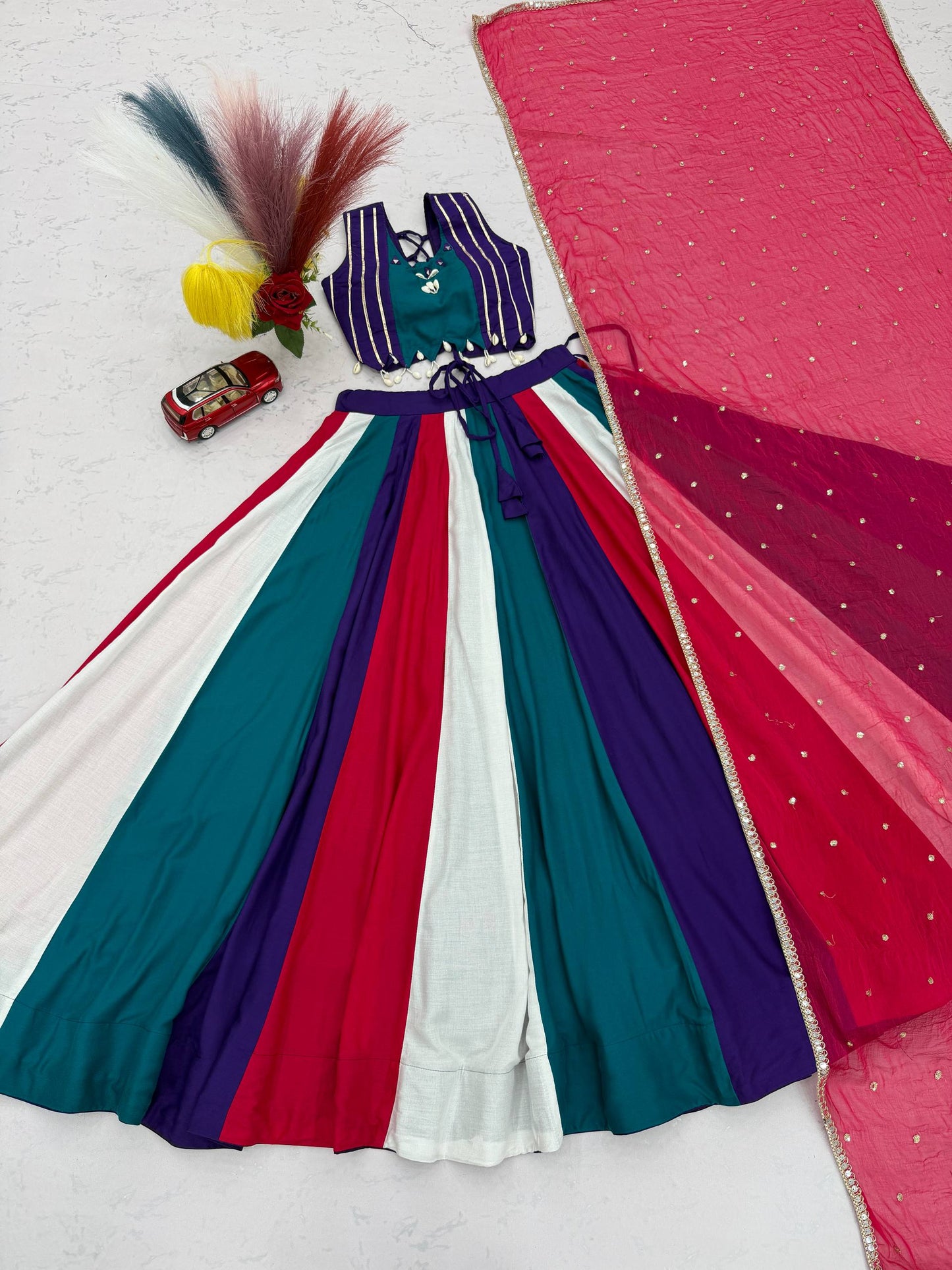 RangBhoomi Navratri Special Vintage Lehenga Choli with Dupatta — Pure Cotton, Hand Mirror & Thread Work