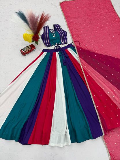 RangBhoomi Navratri Special Vintage Lehenga Choli with Dupatta — Pure Cotton, Hand Mirror & Thread Work