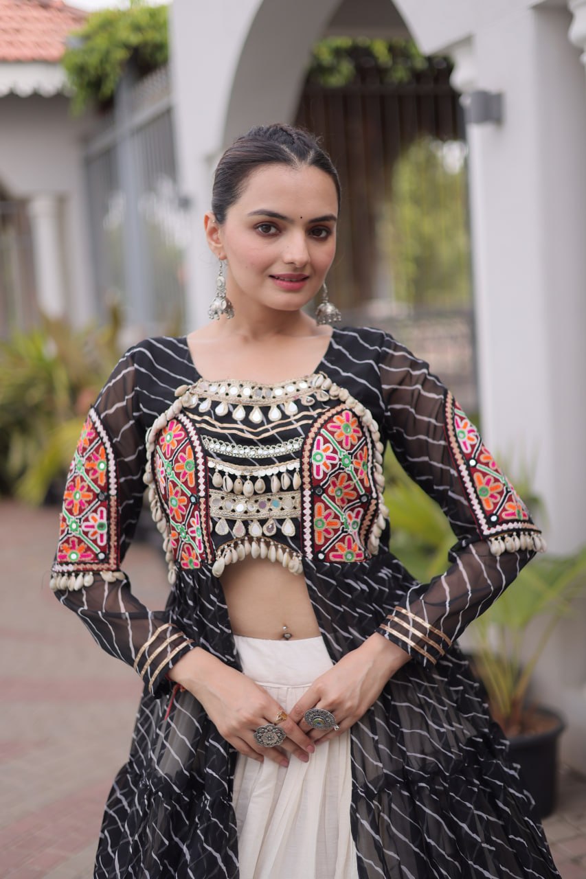 RangBhoomi Kora Cotton Lehenga & Faux Georgette Kurti Set - Full-Stitched, Frilled Lehenga, Laheriya Print Kurti