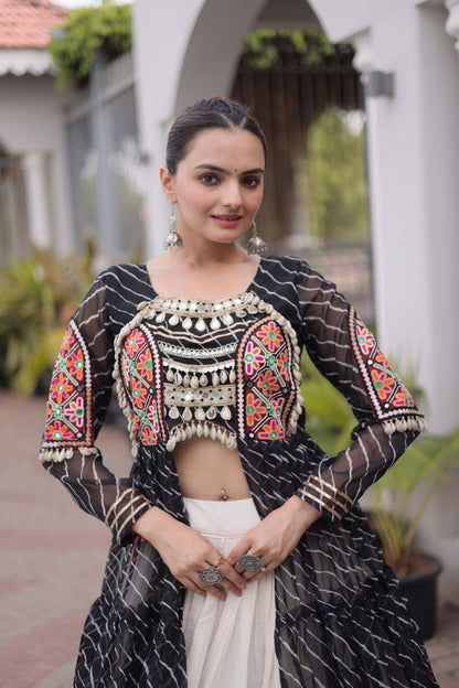 RangBhoomi Kora Cotton Lehenga & Faux Georgette Kurti Set - Full-Stitched, Frilled Lehenga, Laheriya Print Kurti