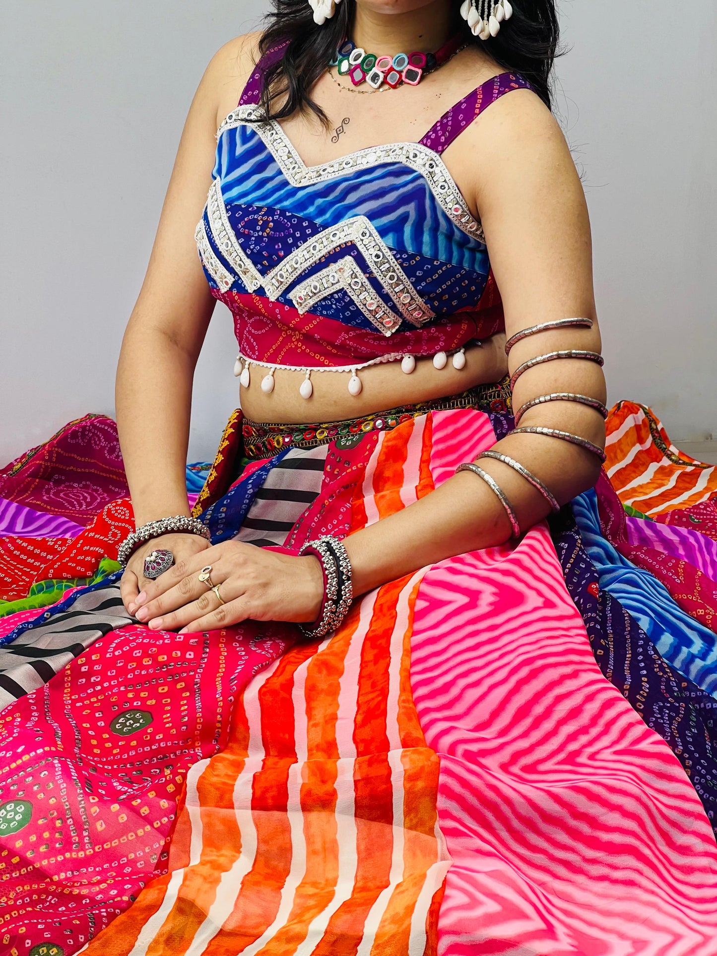 RangBhoomi Multicolor Bandhani-Inspired Chaniya Choli Set — Navratri Ready (Lehenga, Blouse, Scarf & Batwa)