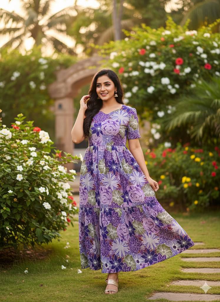 Model wearing floral purple V-neck maxi dress in a garden setting.