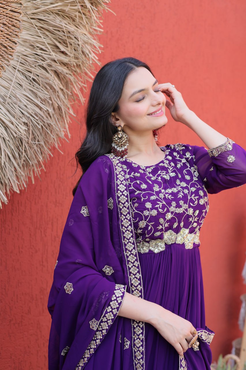 Elegant Gown and Dupatta Set with Embroidered Faux Blooming Fabric by RangBhoomi