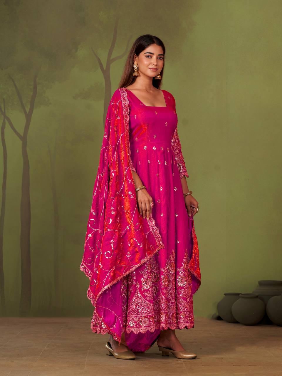 RangBhoomi Designer Party Wear Gown Set — 10 Colors, Heavy Jelly Shimmer Silk, Fully Stitched Embroidered Gown with Dupatta & Micro-Cotton Pant