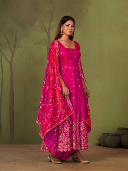 RangBhoomi Designer Party Wear Gown Set — 10 Colors, Heavy Jelly Shimmer Silk, Fully Stitched Embroidered Gown with Dupatta & Micro-Cotton Pant