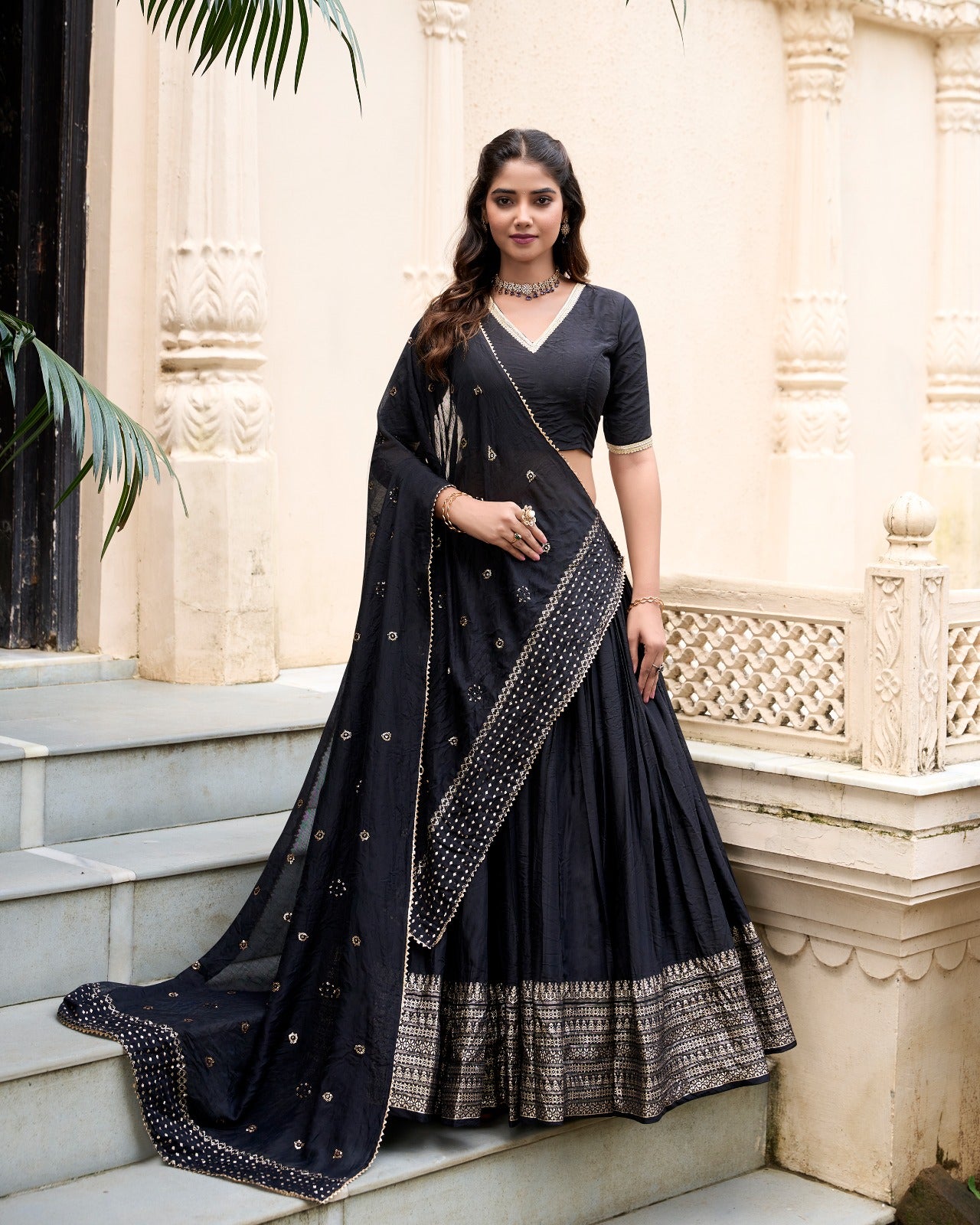 Elegant Pure Chanderi Lehenga Set with Exquisite Zari Work Border and Sequin-Embellished Dupatta