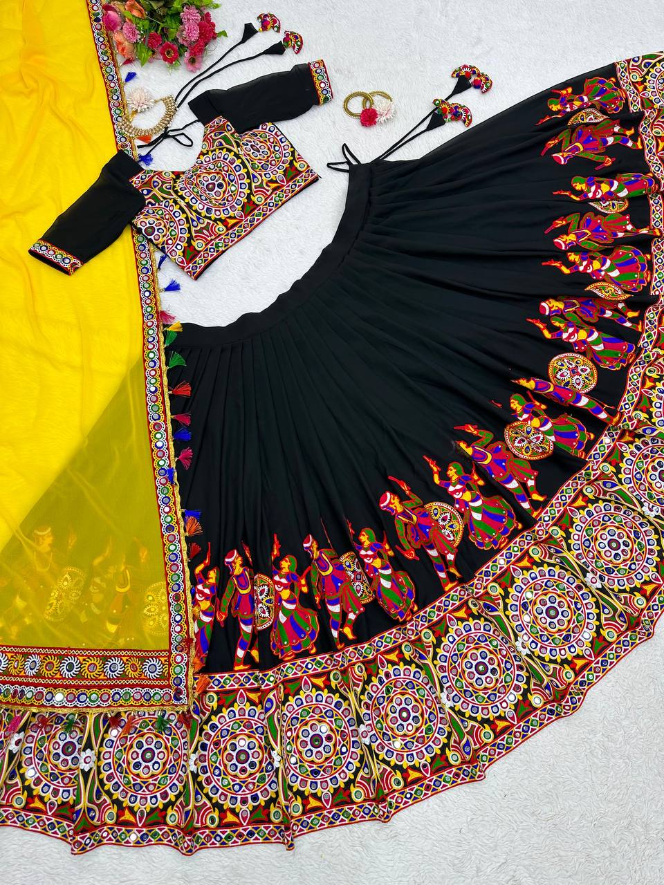 RangBhoomi Elegant Faux Georgette Mirror-Work Lehenga Set for Festive Celebrations