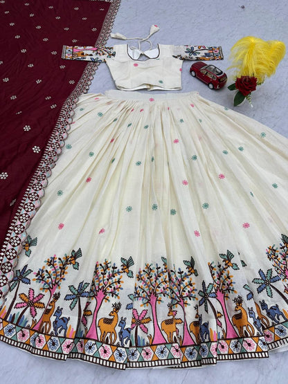 Close-up of Rangbhoomi Lehenga's border, featuring tree and animal design.