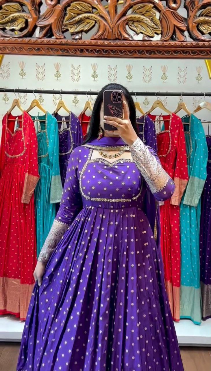 Elegant New Jacquard Gown with Fox Georgette Dupatta – Fully Stitched, Comfortable Fit