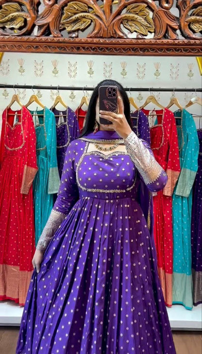 Elegant New Jacquard Gown with Fox Georgette Dupatta – Fully Stitched, Comfortable Fit