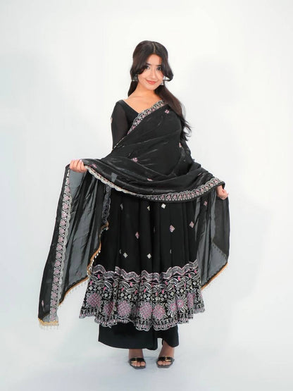 RangBhoomi Designer Party Wear Two-Tone Fandy Silk Embroidered Gown with Dupatta & Plazo