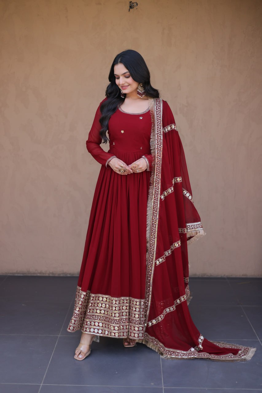 RangBhoomi Festive Faux Blooming Gown with Embroidered Dupatta - Rama & Maroon