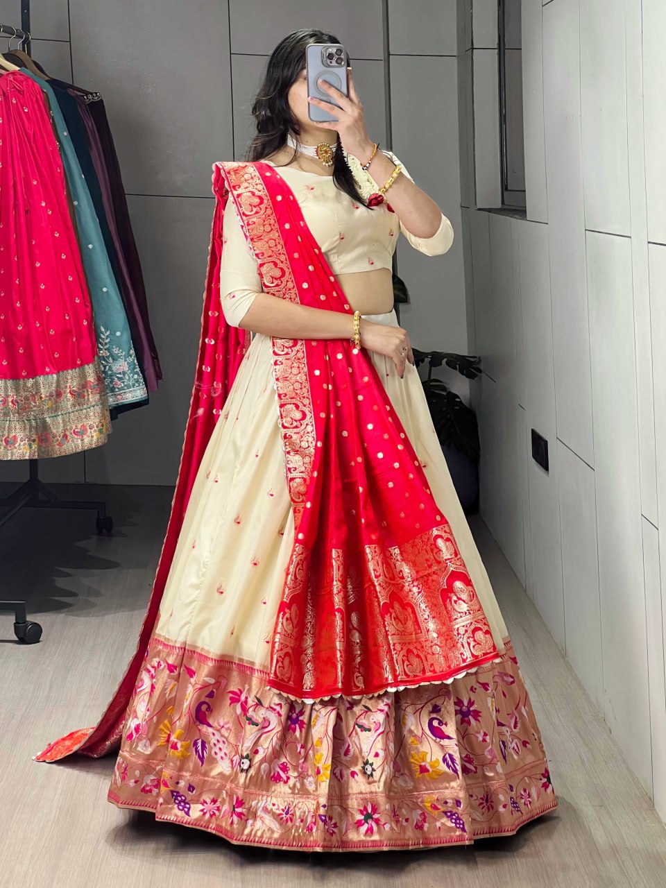 RangBhoomi Paithani Silk Lehenga Choli – Vibrant Traditional Maharashtrian Ethnic Wear with Gold Zari Detailing and Satin Silk Dupatta