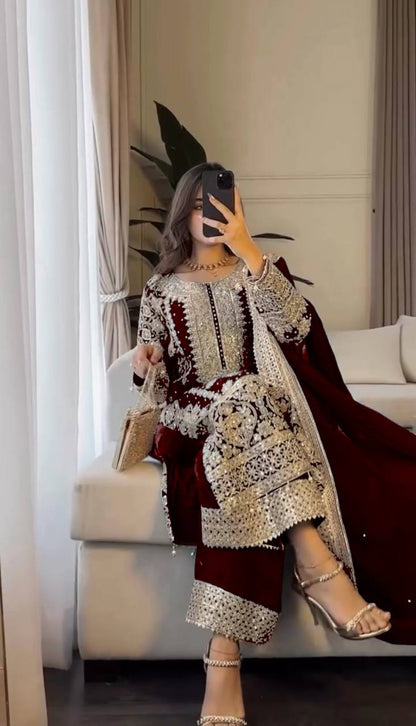 New Collection Faux Georgette Ensemble with Intricate Heavy Embroidery, Sequin Detailing, and Fully Stitched Ready-to-Wear Top, Bottom, and Dupatta Set