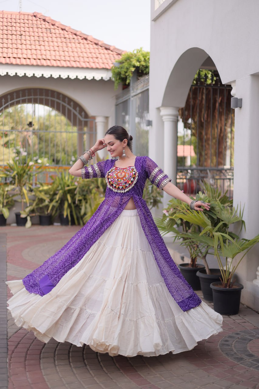 RangBhoomi Navratri 2026 Bandhani Lehenga Set — Full-Stitched Kora Cotton Lehenga with Faux Georgette Kurti
