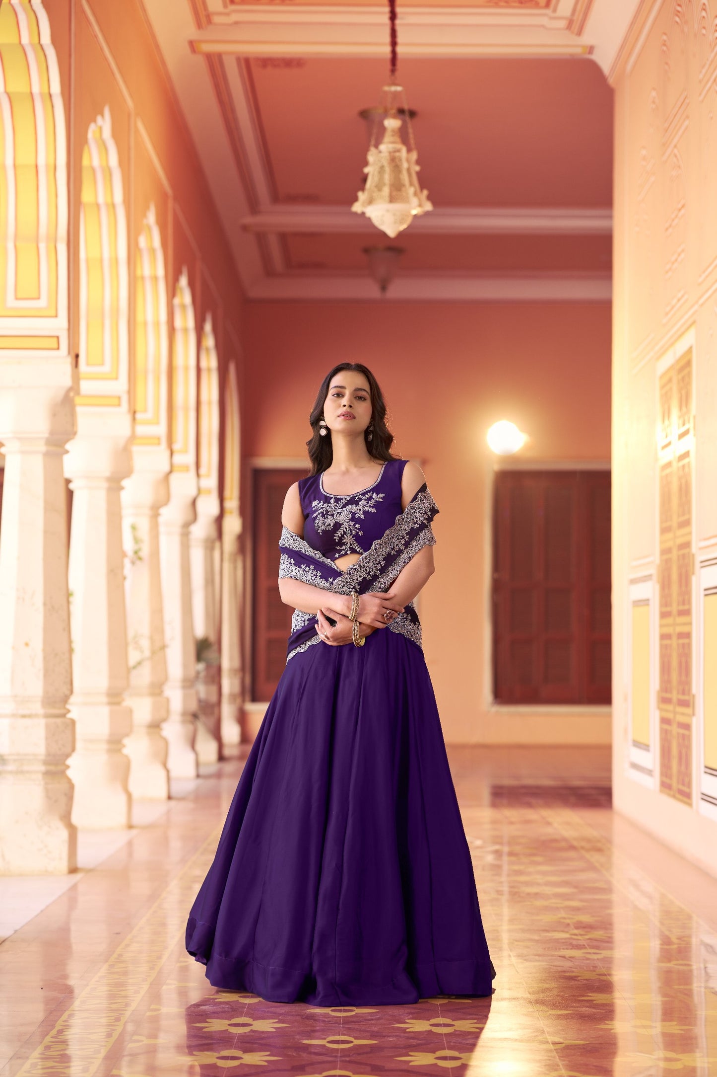 Regal Mist Designer Ensemble with Intricate Embroidery and Luxurious Rangoli Silk
