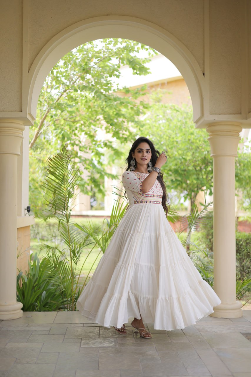 RangBhoomi Navratri Embroidered Kora Cotton Gown — Off-White & Black, 56" Length