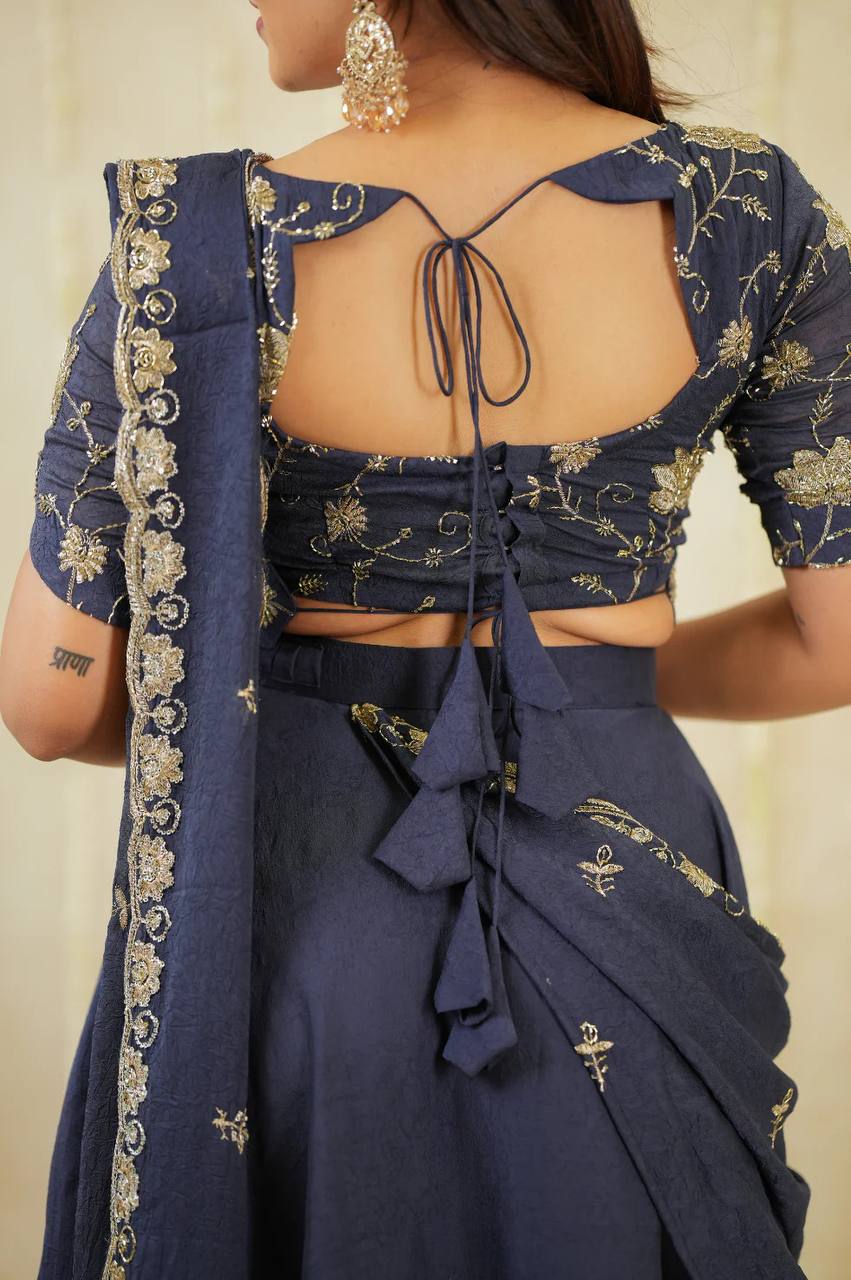 Twilight Blue RangBhoomi Crush Silk Lehenga Set