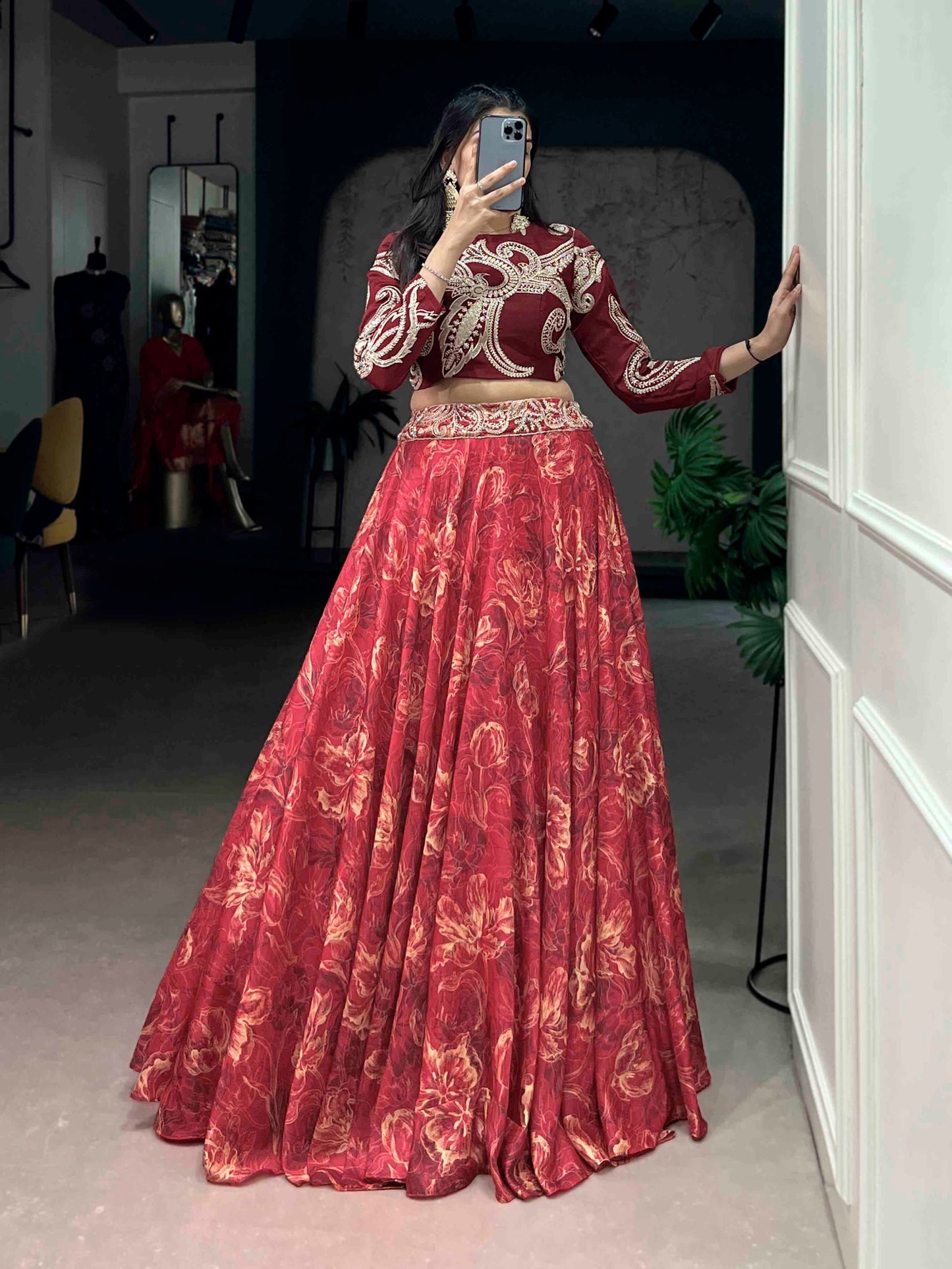RangBhoomi Premium Co-ord Set: Tasar Silk Embroidered Lehenga with Sequined Blouse