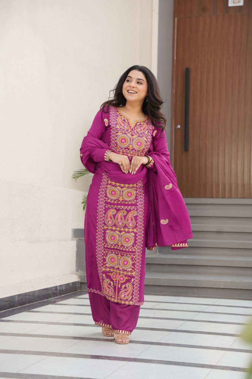 RangBhoomi Elegant Ready-to-Wear Top, Pant, and Dupatta Set with Intricate Multi-Thread Embroidery 2026 Collection