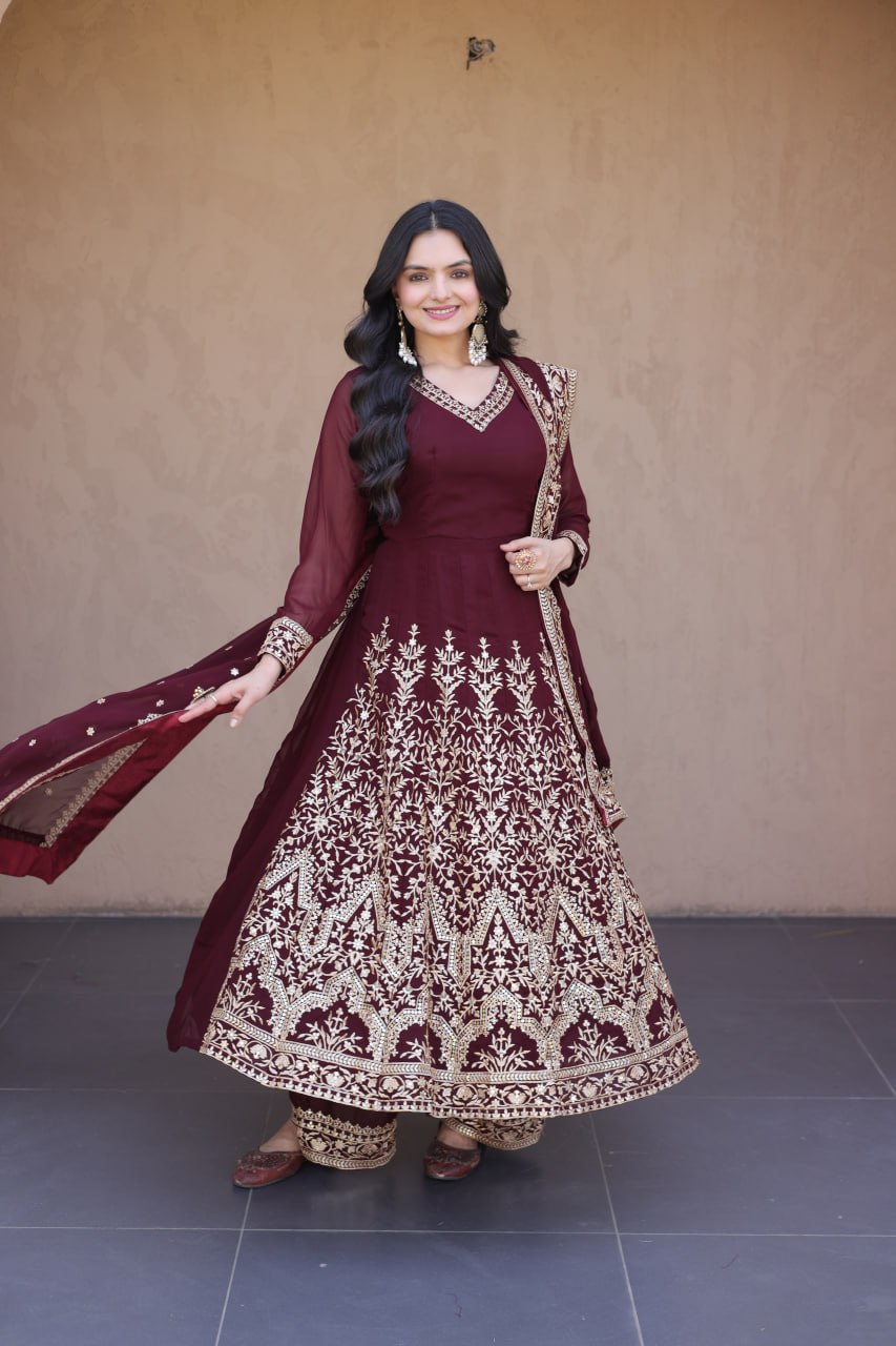 RangBhoomi Premium Readymade Gown with Pant & Dupatta Set - Embroidered Faux Blooming Festive Ensemble