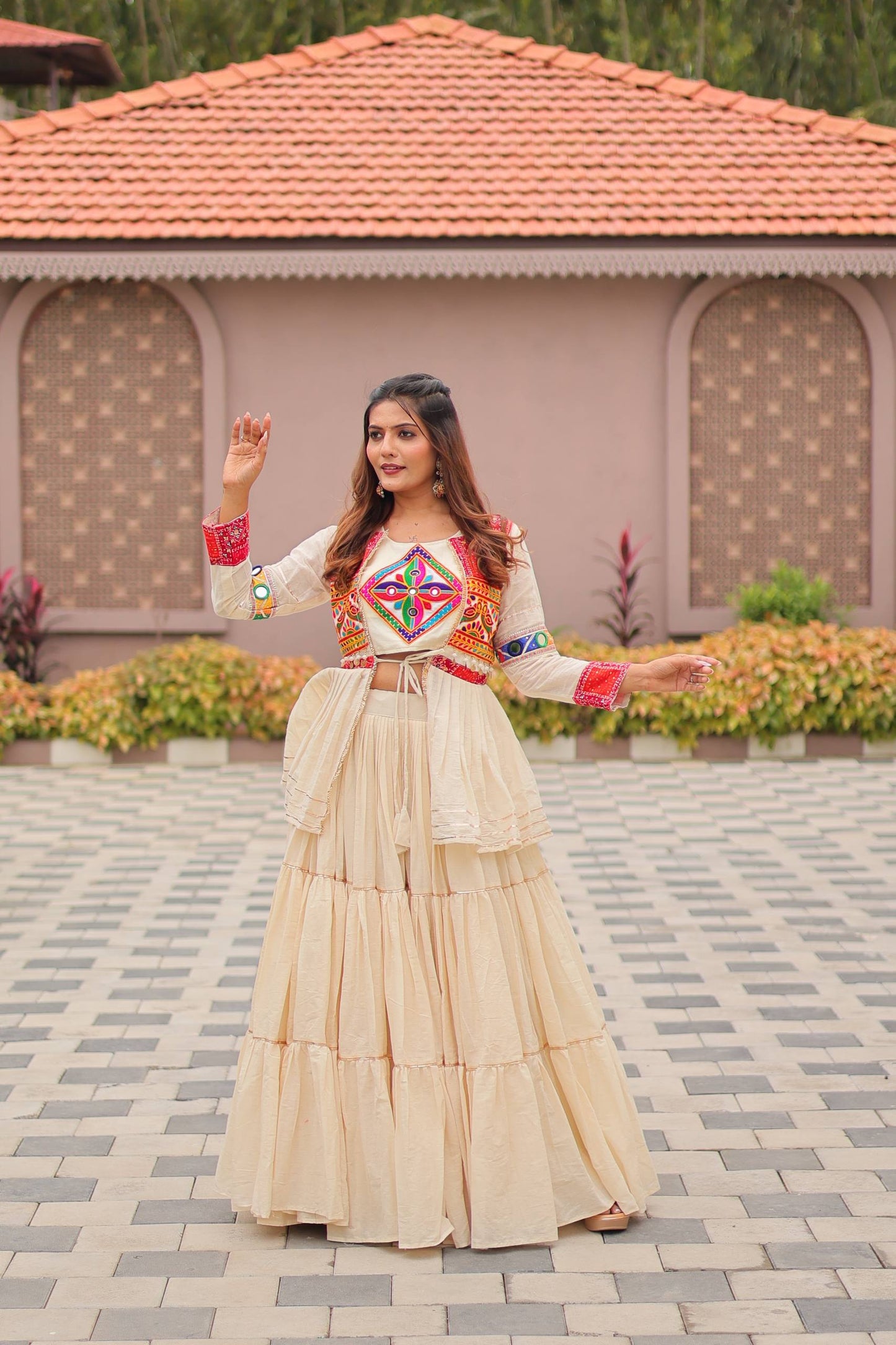 Navratri Special Gamthi Embroidery Lehenga Choli with Mirror and Ribbon Lace – Pure Cotton, Fully Stitched, 9 Meter Flair