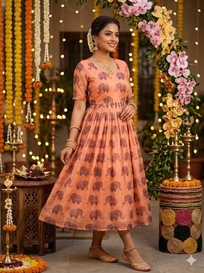 Elegant Summer Special Fully Stitched Kalamkari Midi Gown for Festive Glamour and Sophistication