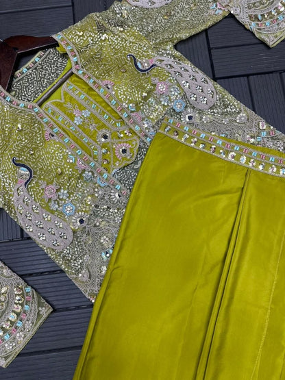 Trendy Party Wear Satin Lehenga with Embroidered Belt and Stylish Net Koti