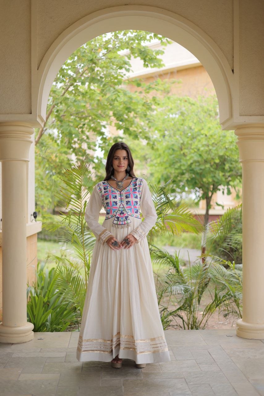 RangBhoomi Navratri Embroidered Kora Cotton Gown — Parrot & Off-White