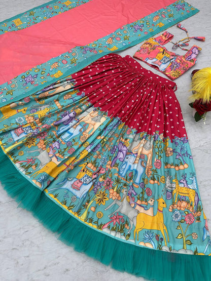 Kalamkari Lehenga Choli with intricate hand-painted design laid flat.