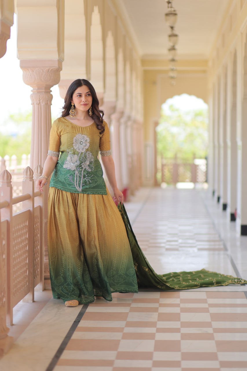 Full view of Sharara Suit in olive green with matching Dupatta