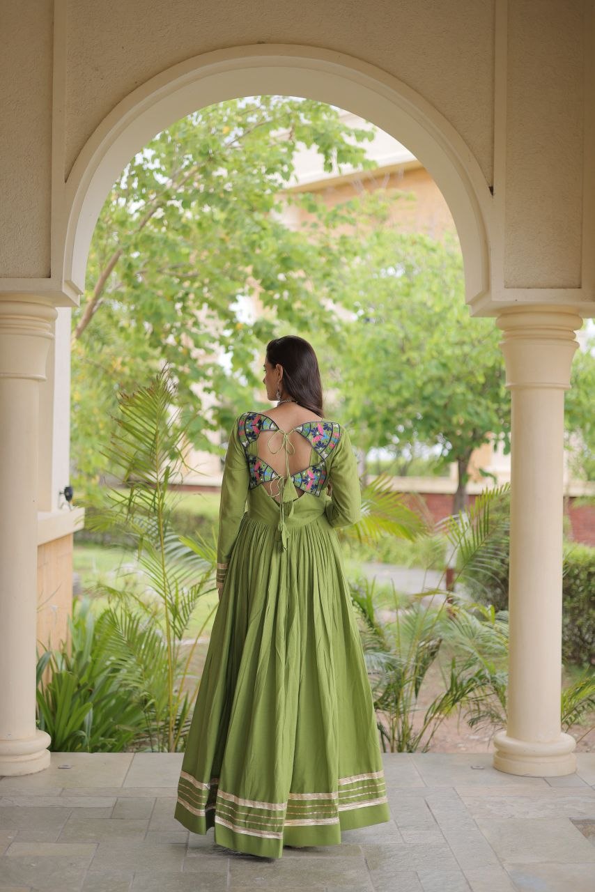 RangBhoomi Navratri Embroidered Kora Cotton Gown — Parrot & Off-White