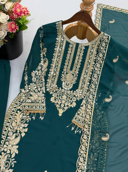 RangBhoomi Faux Georgette Heavy Embroidery Sequins Top-Bottom with Dupatta — Fully Stitched Set