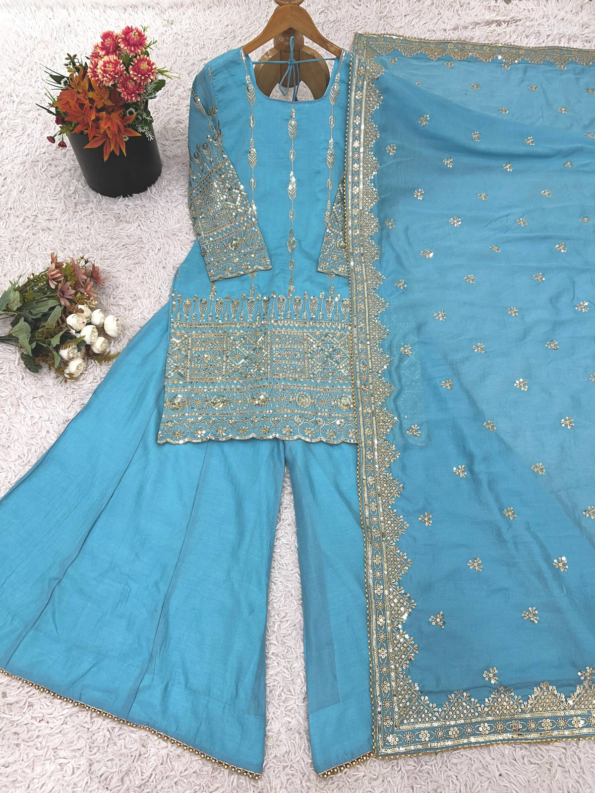 RangBhoomi Heavy Vichitra Silk Embroidered Top, Sharara & Dupatta Set