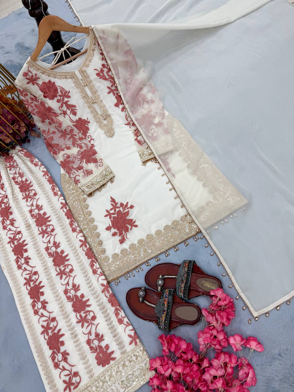 RangBhoomi Designer Party Wear Heavy Star Georgette Top, Plazzo & Dupatta Set