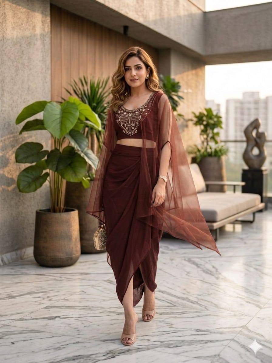 Designer Fusion Style Luxury Collection - Elegant Roman Silk Ensemble with Embroidery, Net Lace Dupatta, and Dripping Skirt