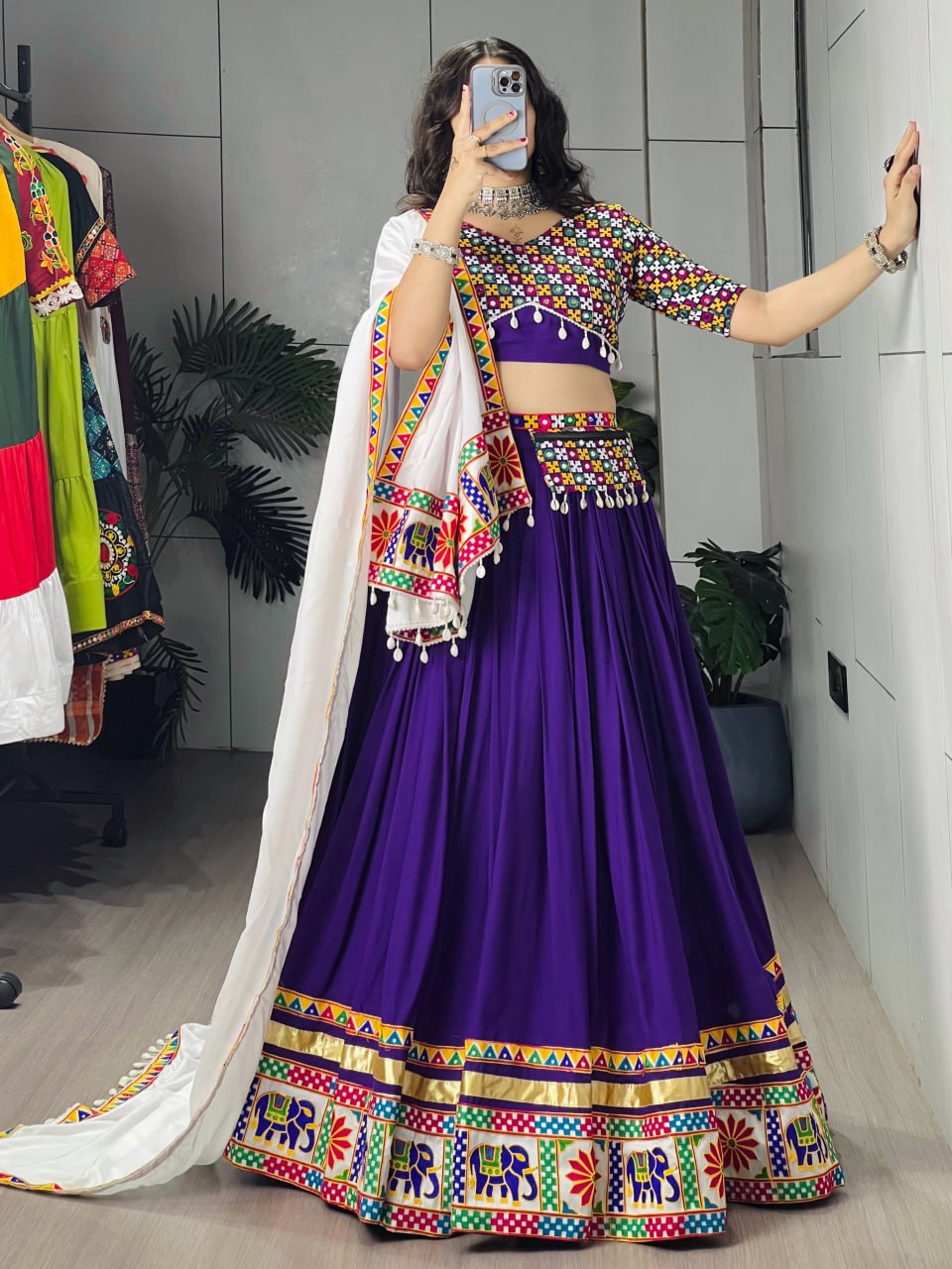 RangBhoomi Traditional Gamthi Mirror Work Lehenga Choli – 6m Grand Flair with White Dupatta