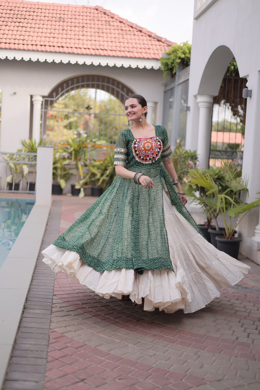 RangBhoomi Navratri 2026 Bandhani Lehenga Set — Full-Stitched Kora Cotton Lehenga with Faux Georgette Kurti