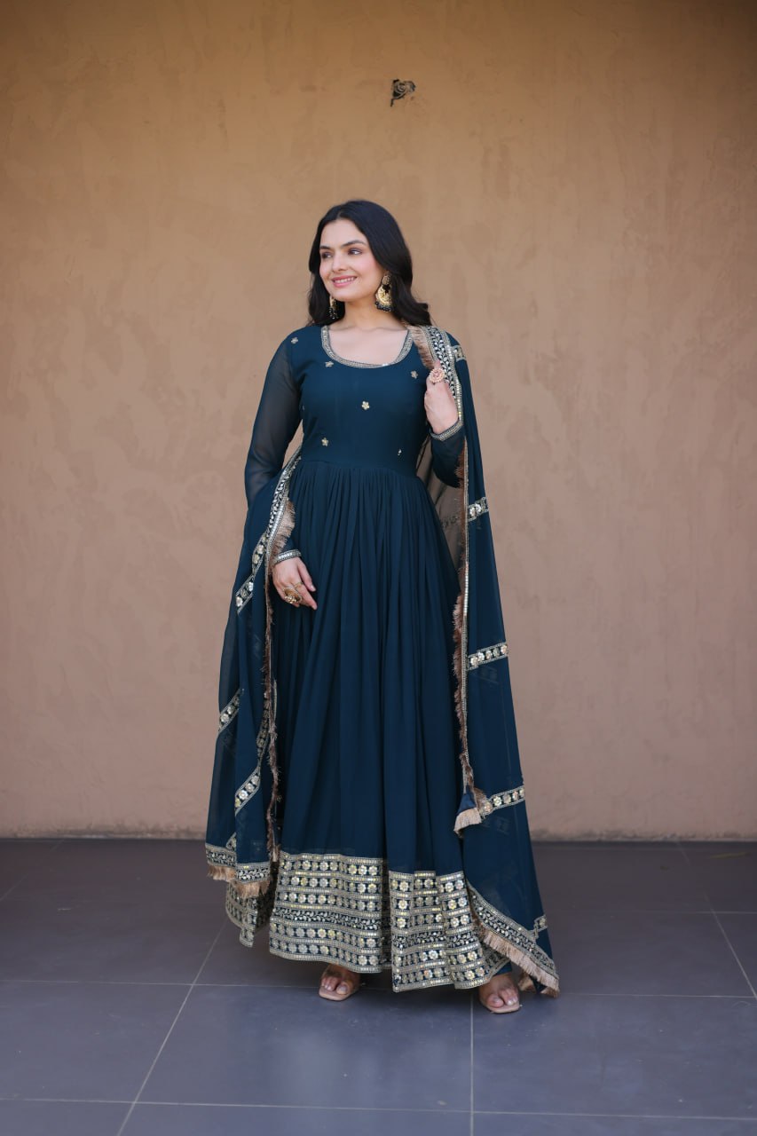 RangBhoomi Festive Faux Blooming Gown with Embroidered Dupatta - Rama & Maroon