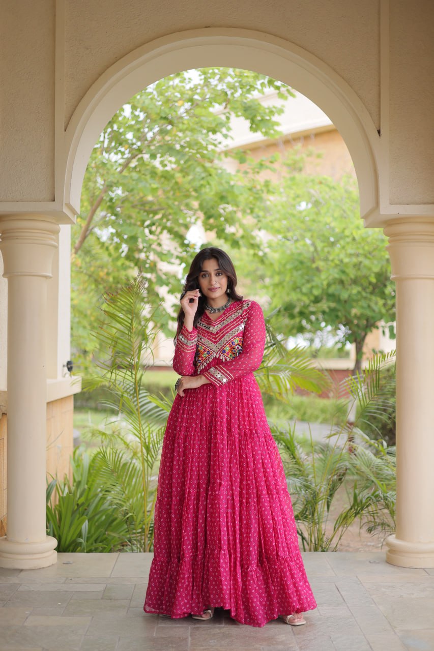 RangBhoomi Bandhani & Kutchi Patchwork Faux Georgette Gown — Navratri Special