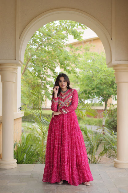 RangBhoomi Bandhani & Kutchi Patchwork Faux Georgette Gown — Navratri Special
