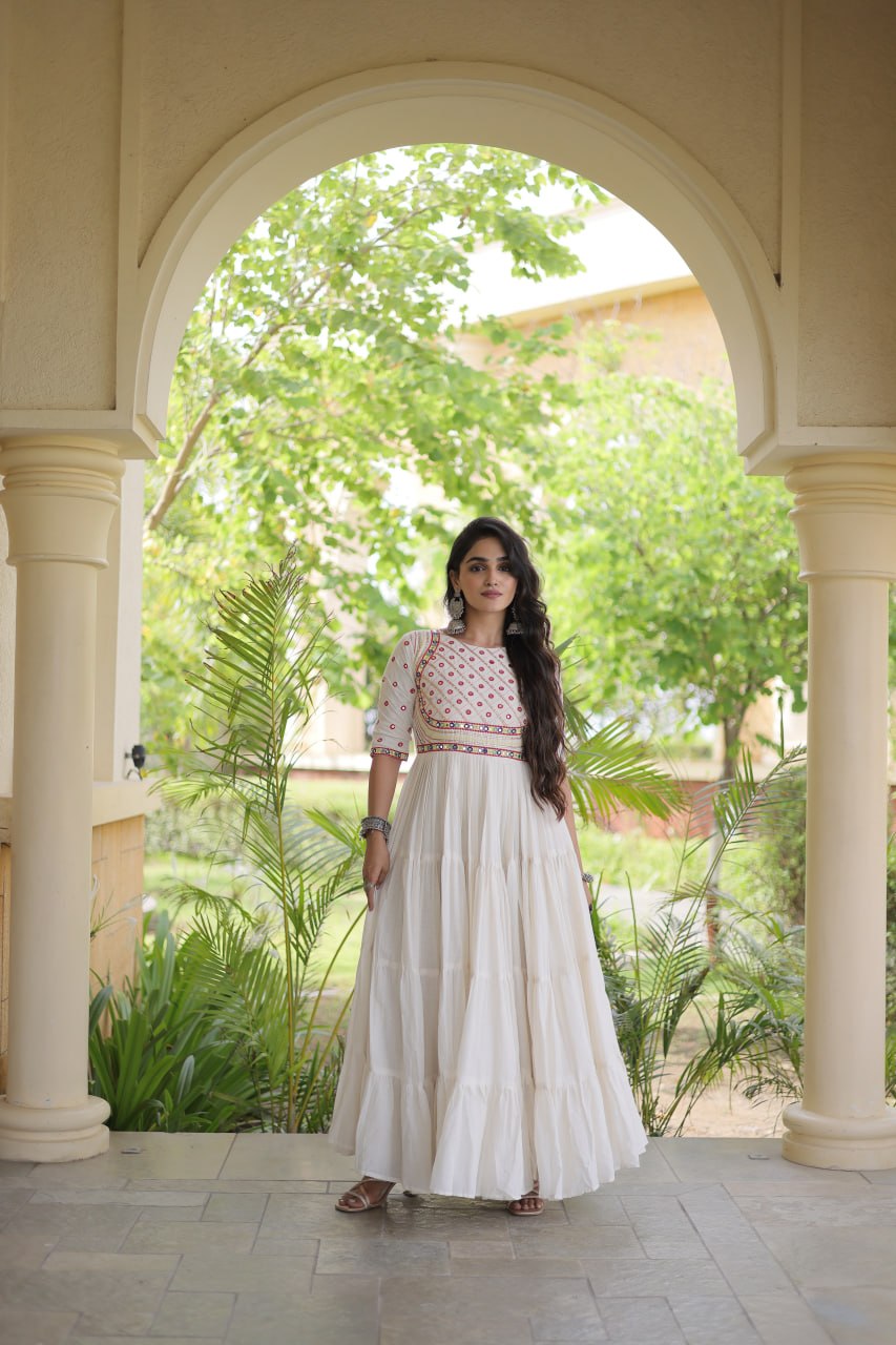 RangBhoomi Navratri Embroidered Kora Cotton Gown — Off-White & Black, 56" Length