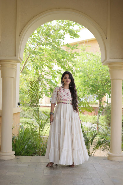 RangBhoomi Navratri Embroidered Kora Cotton Gown — Off-White & Black, 56" Length