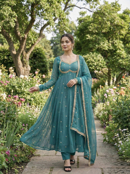 Elegant Party Wear Fendi Satin Gown Set with Dupatta and Pants Featuring 3MM Rembo Sequin and Zari Embroidery
