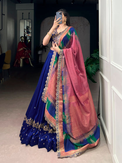 Elegant Vichitra Silk Lehenga Choli for Weddings and Festivals – Thread Embroidery & Sequins Detailing, Stitched Skirt and Unstitched Blouse, Includes Foil-Printed Dupatta with Lace Border